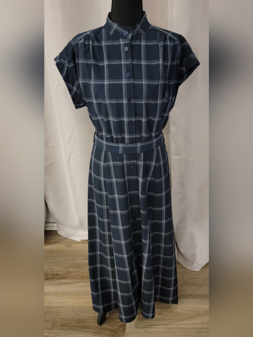 Calvin Klein Womens Size 8 Navy Blue Plaid Belted Midi Shirtdress - Picture 4 of 15